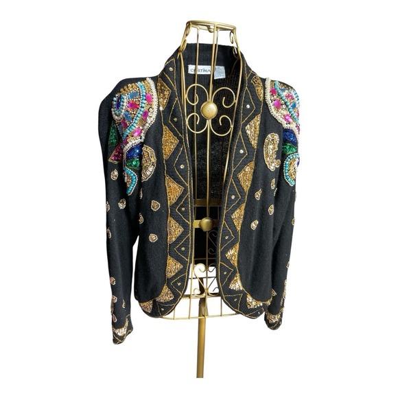 Cristina Sweaters - Cristina Vintage Sweater Sequins Beaded Silk Nylon Angora Mardi Gras